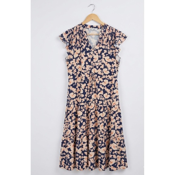 Grace Karin Dresses & Skirts - Grace Karin Floral Tiered Midi Dress Navy Blue Peach Flutter Sleeve Smocked‎ Med